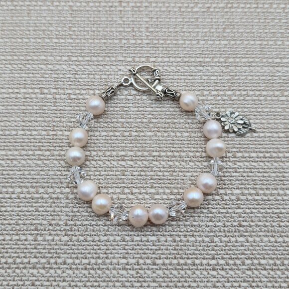 7.5 Inch Sterling Silver Handmade Pearl Flower Charm 1982 Bracelet B610 - Picture 1 of 6